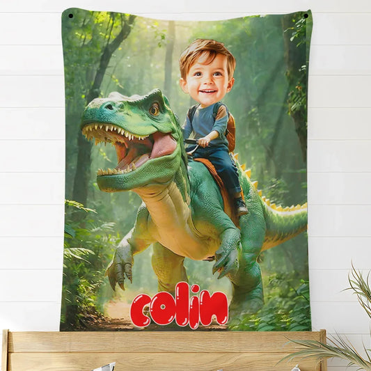 Custom Dinosaur Blankets Personalized Boy Riding Dinosaur Blanket