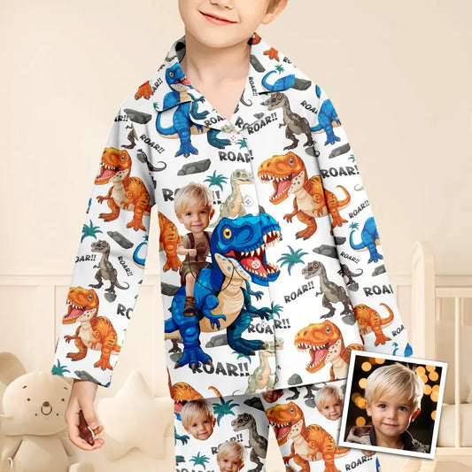 Custom Baby Face Long Sleeve Pajamas Custom Dinosaur Photo Pajamas For Children