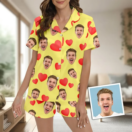 Custom Face Short Sleeve Pajamas Custom Red Heart Photo Pajamas
