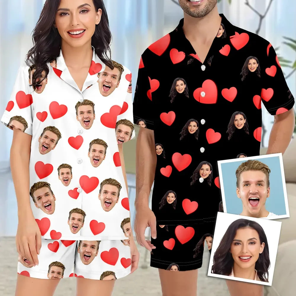 Custom Face Short Sleeve Pajamas Custom Red Heart Photo Pajamas