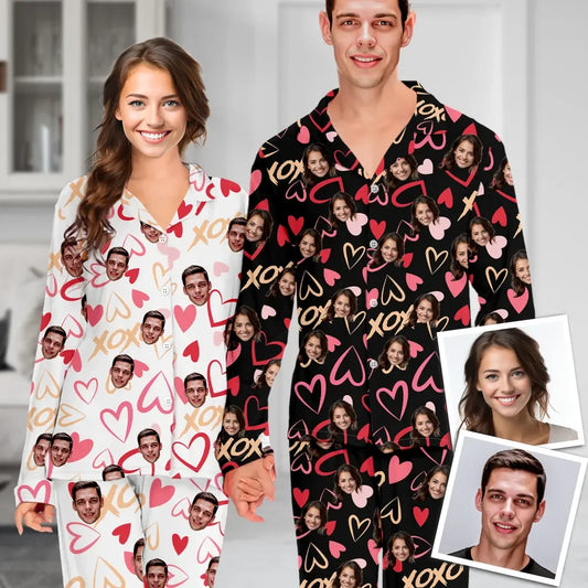 Custom Face Long Sleeve Pajamas Custom Printed Heart Photo Pajamas