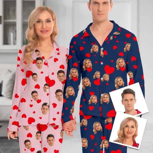 Custom Face Long Sleeve Pajamas Custom Red Heart Photo Pajamas