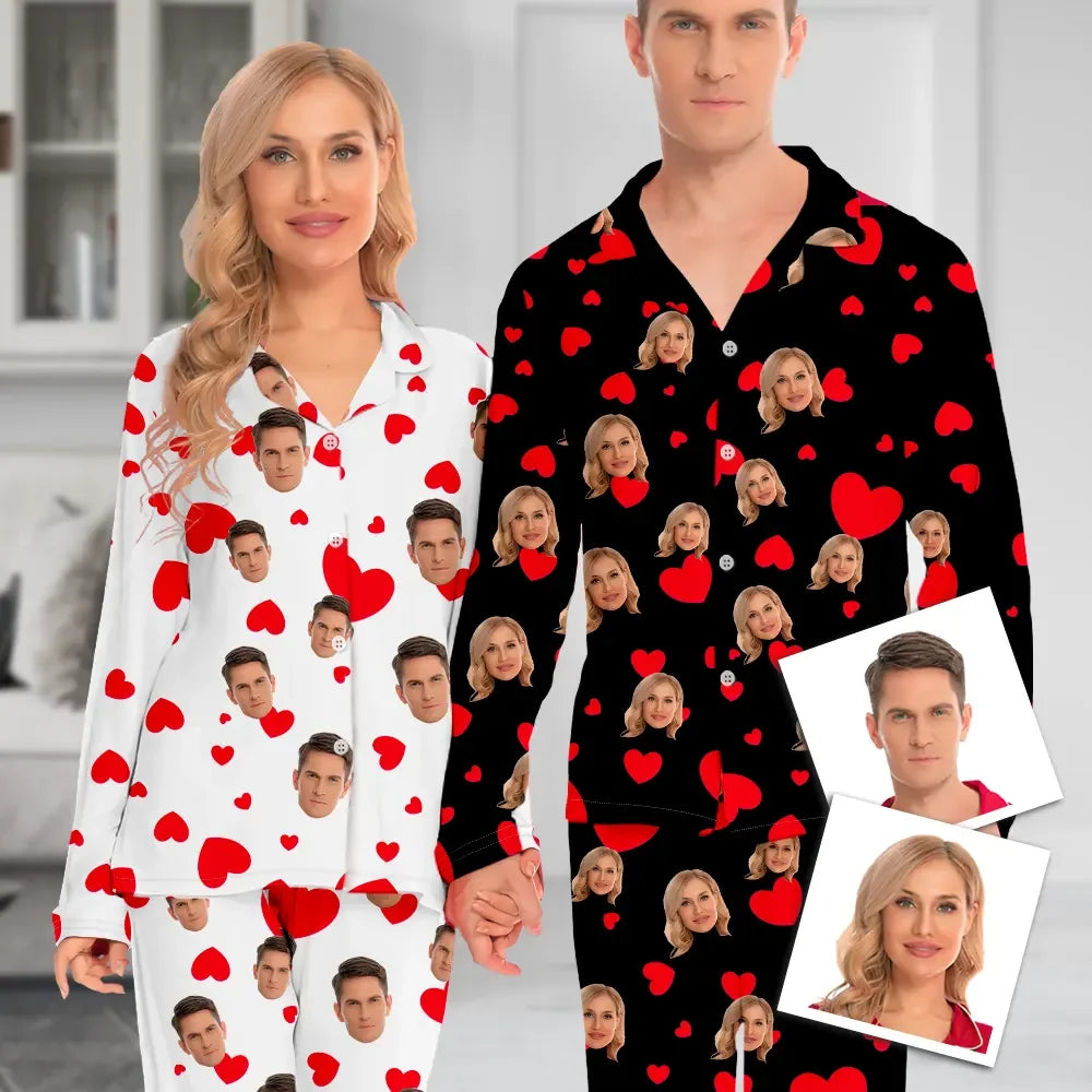 Custom Face Long Sleeve Pajamas Custom Red Heart Photo Pajamas