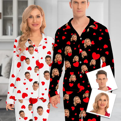 Custom Face Long Sleeve Pajamas Custom Red Heart Photo Pajamas