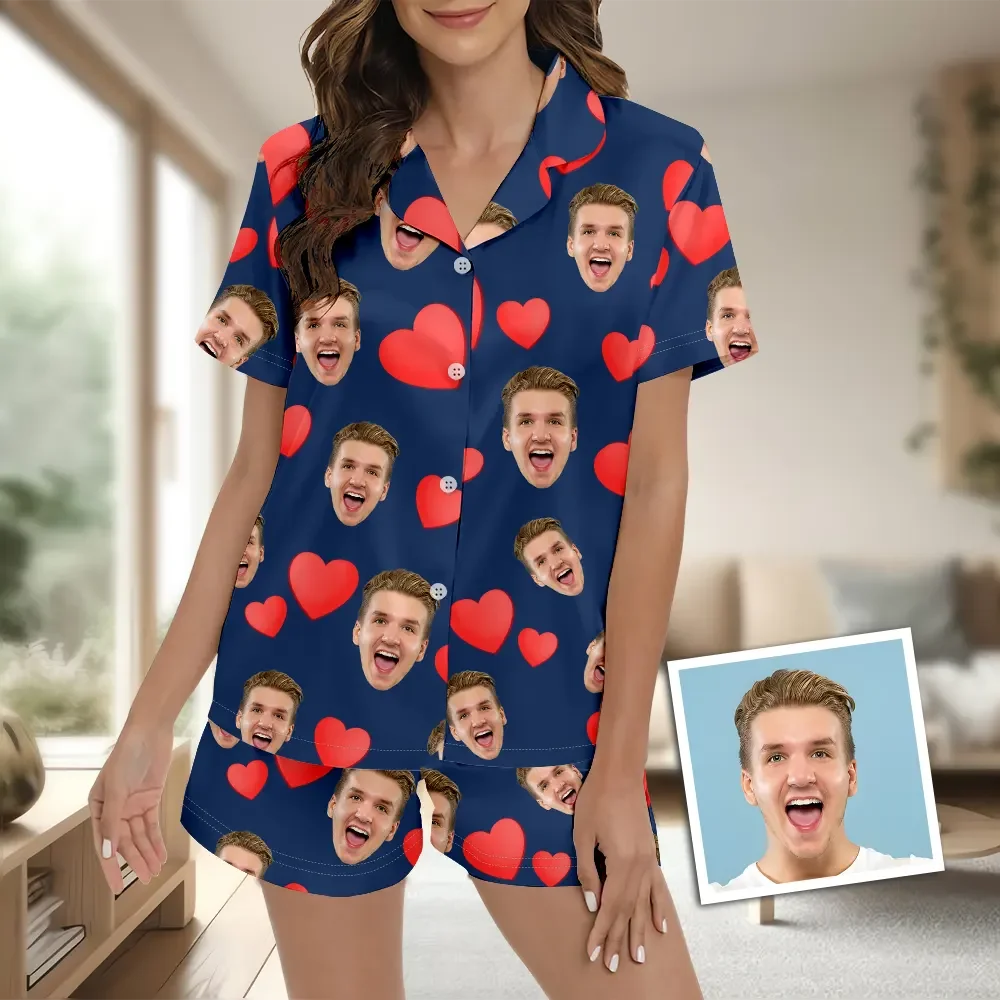 Custom Face Short Sleeve Pajamas Custom Red Heart Photo Pajamas