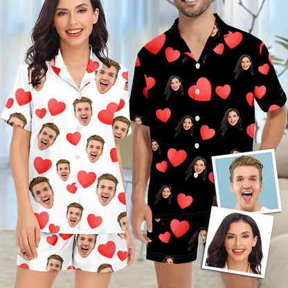 Custom Face Short Sleeve Pajamas Custom Red Heart Photo Pajamas