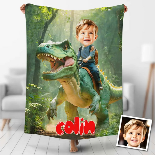Custom Dinosaur Blankets Personalized Boy Riding Dinosaur Blanket